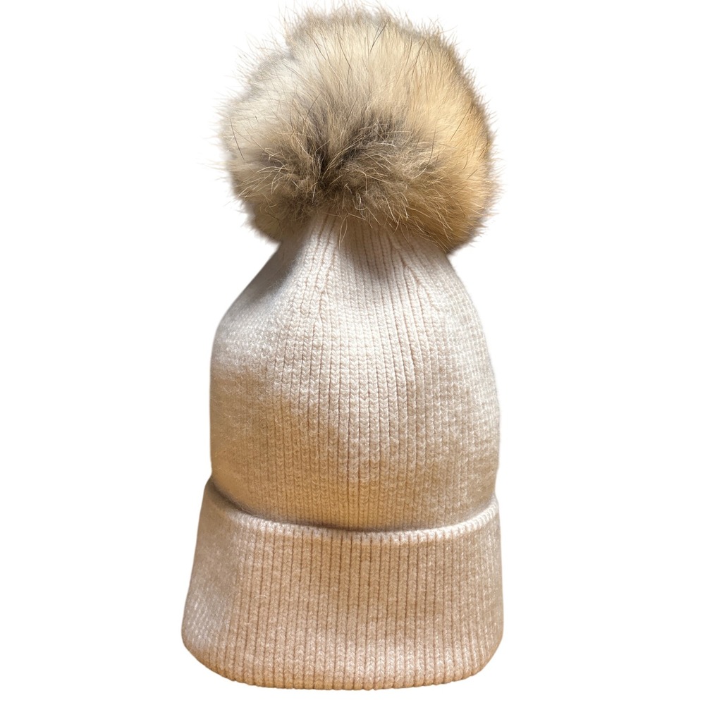 LOOK Cashmere Wool Pom Pom‎ Beanie Hat Women's Cream Ribbed Knit One Size